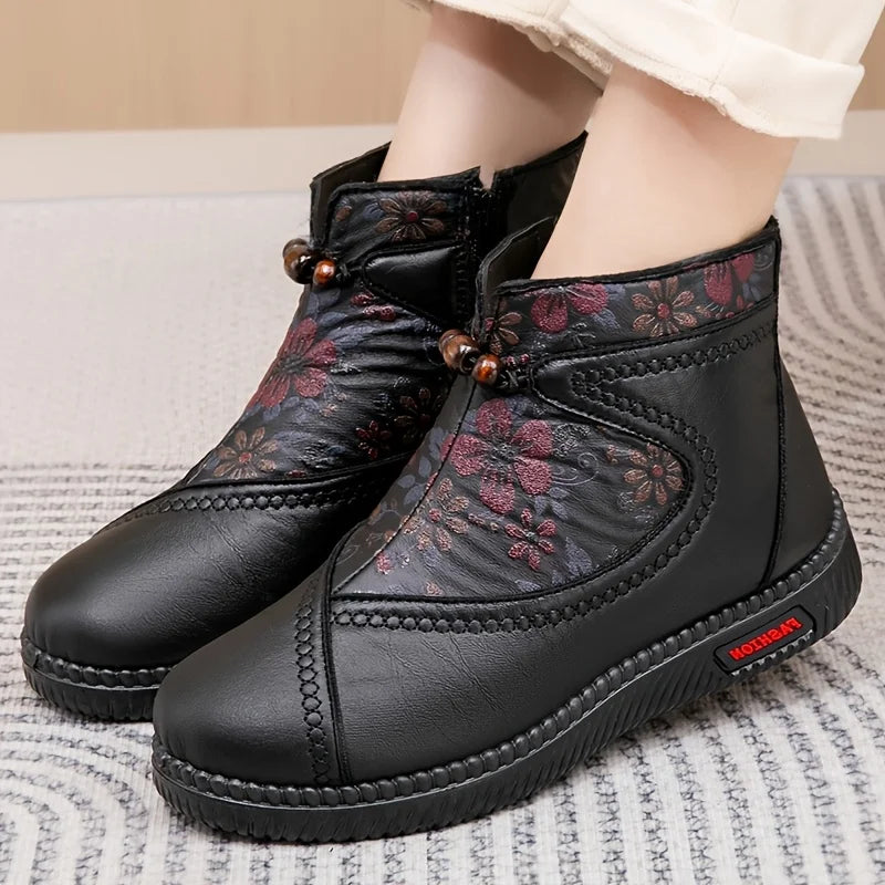 Women's Ankle Boots with Embossed Floral Pattern and Side Zip