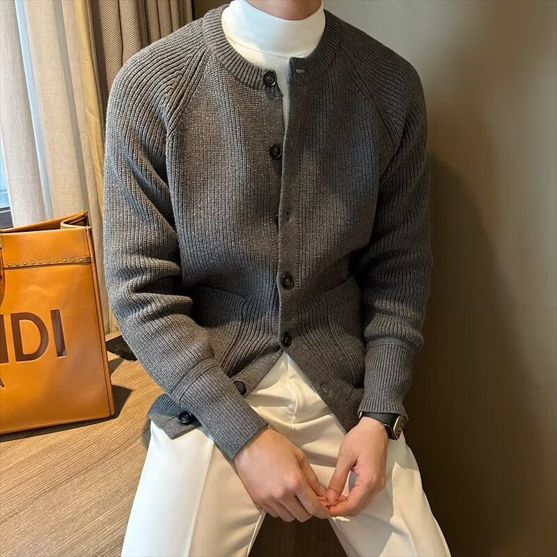 Cappotto Cardigan in Maglia da Uomo con Scollo Rotondo e Maniche Lunghe