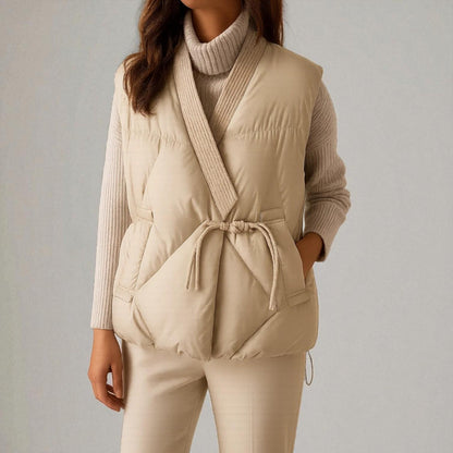 Gilet Trapuntato Autunnale da Donna con Cintura a Fiocco e Tasche Laterali