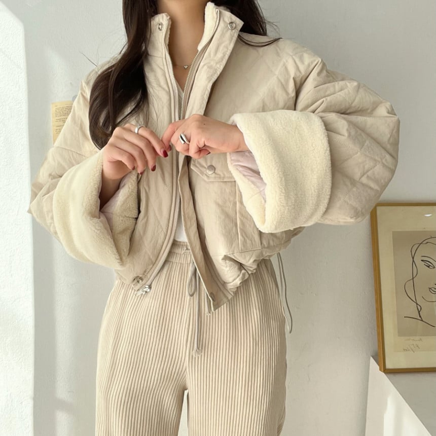 Chaqueta de invierno para mujer gruesa con cuello alto y costuras en terciopelo de cordero