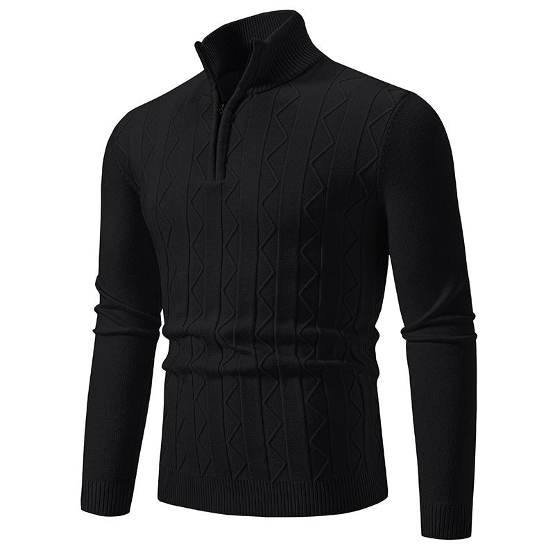 Maglione nero a collo alto con zip, design a trecce, maniche lunghe, stile elegante e moderno, ideale per l'inverno e l'autunno.
