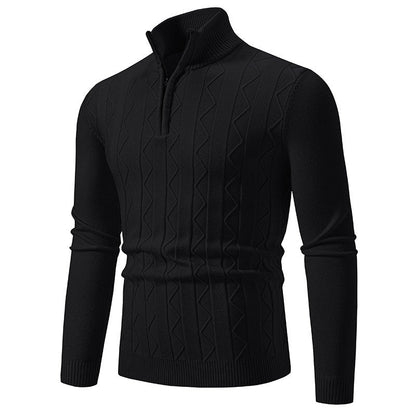 Maglione nero a collo alto con zip, design a trecce, maniche lunghe, stile elegante e moderno, ideale per l'inverno e l'autunno.