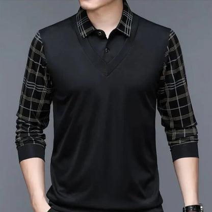 Maglione uomo nero con maniche a quadri, colletto a camicia, stile elegante e moderno. Abbigliamento maschile autunnale, moda casual chic.