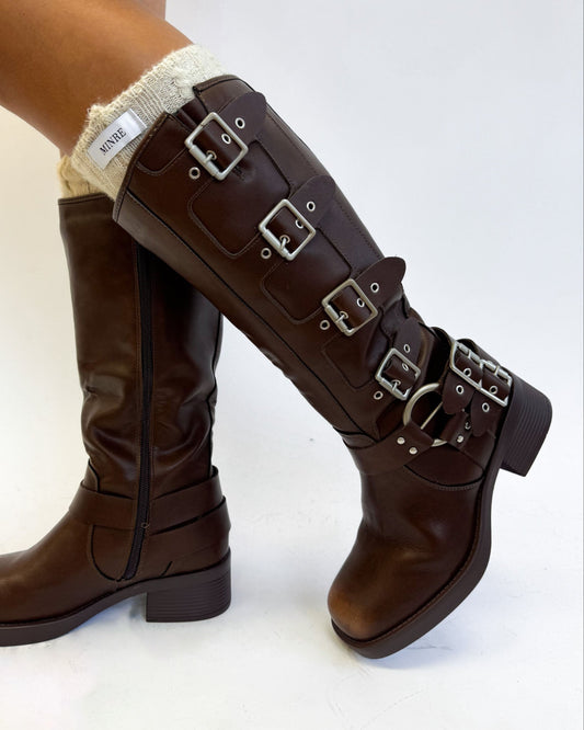 Brown Women's Biker Ankle Boots with Buckle and Side Zip