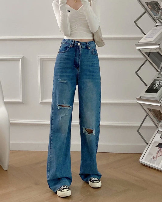 Pantaloni a Gamba Larga e Dritta da Donna Blu Scuro con Chiusura a Zip e Bottone