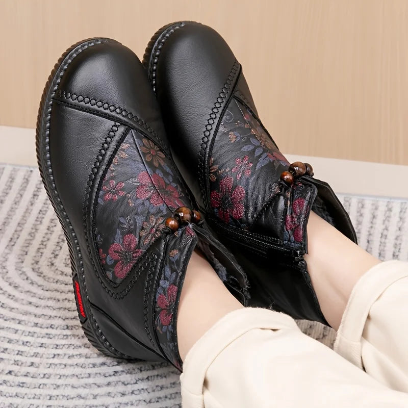 Women's Ankle Boots with Embossed Floral Pattern and Side Zip
