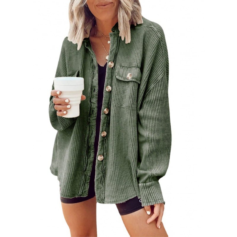 Chaqueta Camisa para Mujer con Cuello Solapa, Bolsillos Frontales y Dobladillo Irregular