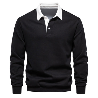 Maglione nero elegante con colletto bianco, design classico, ideale per moda uomo autunno inverno, abbigliamento casual e formale.