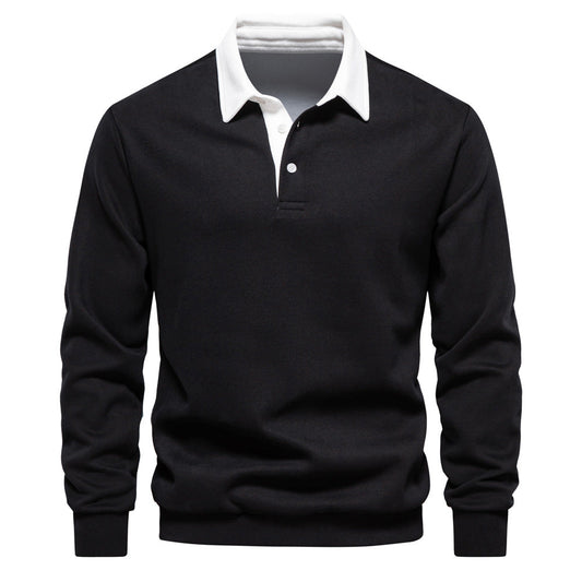 Maglione nero elegante con colletto bianco, design classico, ideale per moda uomo autunno inverno, abbigliamento casual e formale.