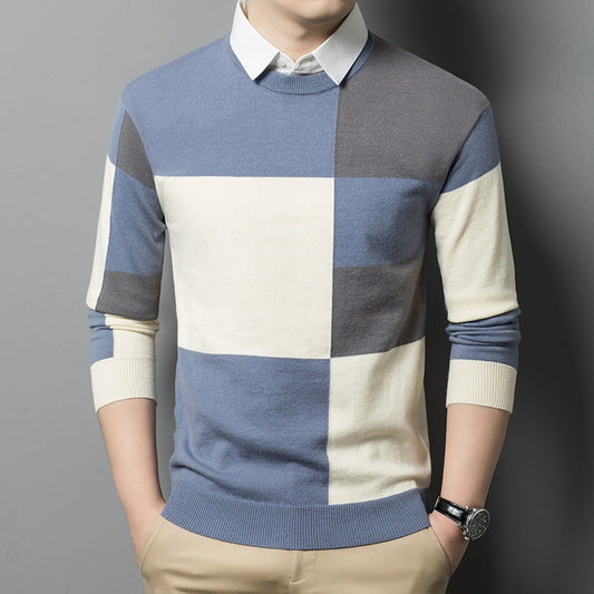 Maglione uomo a quadri blu e beige, design moderno, indossato su camicia bianca. Moda maschile elegante, abbigliamento casual autunnale.
