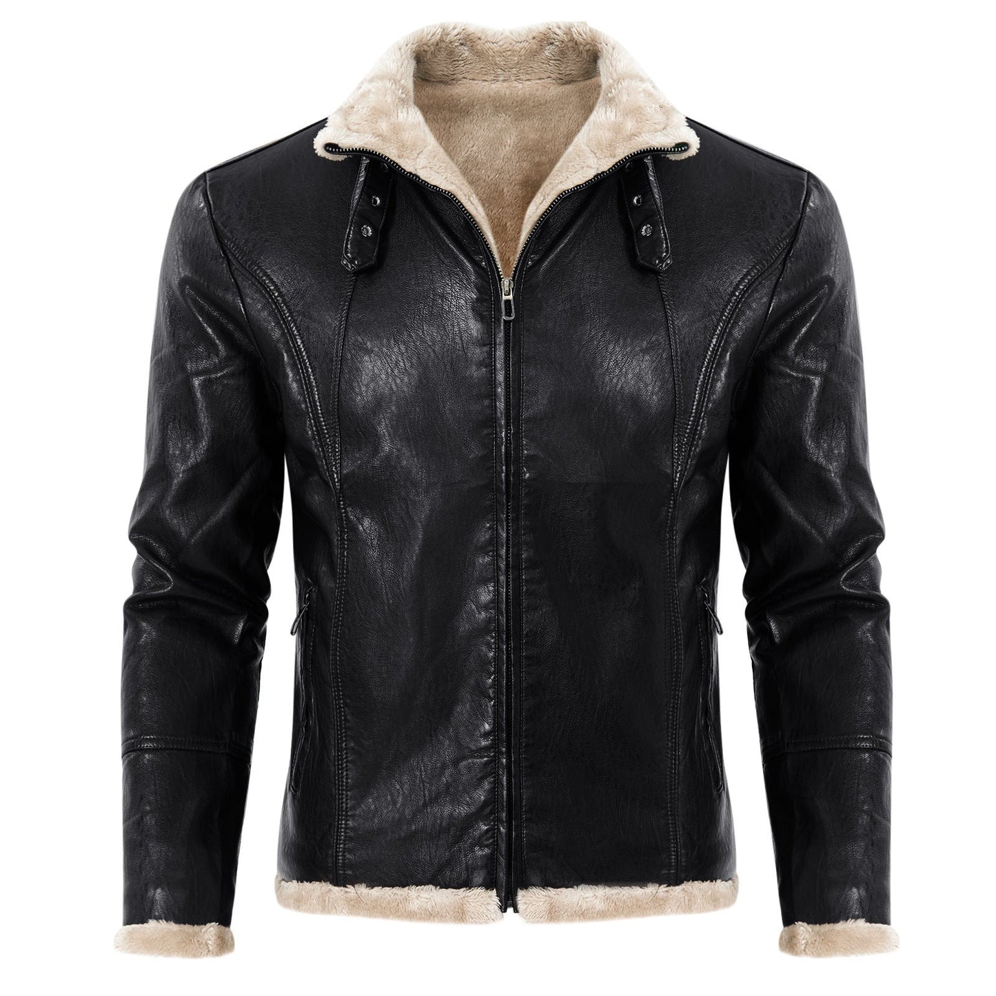 Giacca in pelle nera con fodera in pelliccia beige, chiusura a zip, colletto alto, stile casual elegante. Perfetta per moda uomo autunno inverno.