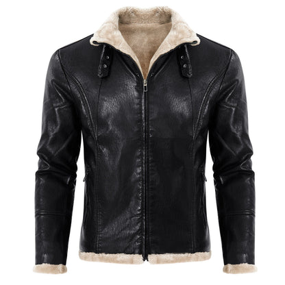 Giacca in pelle nera con fodera in pelliccia beige, chiusura a zip, colletto alto, stile casual elegante. Perfetta per moda uomo autunno inverno.