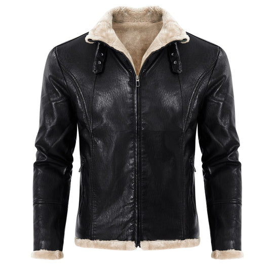 Giacca in pelle nera con fodera in pelliccia beige, chiusura a zip, colletto alto, stile casual elegante. Perfetta per moda uomo autunno inverno.