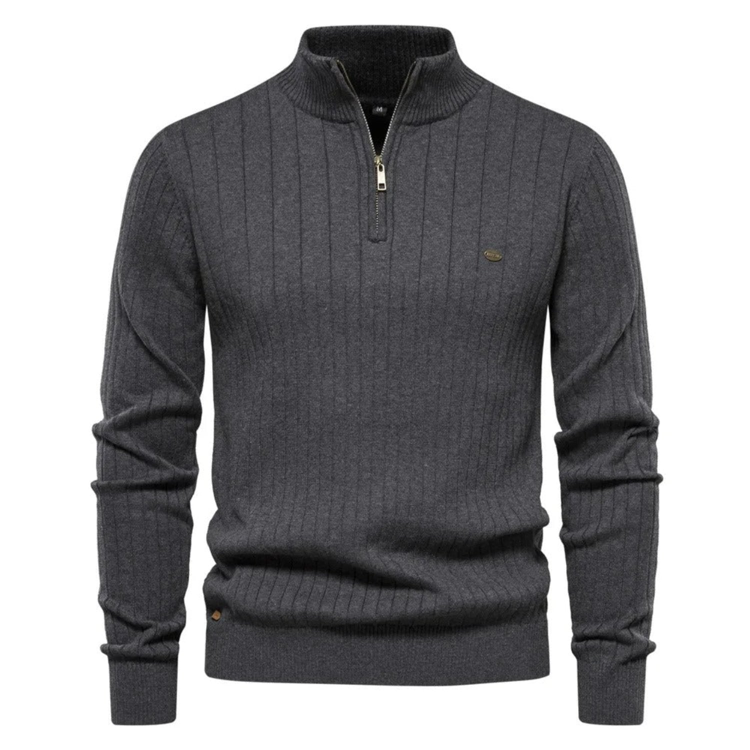 Maglione grigio scuro da uomo con zip corta, design a coste verticali, collo alto, maniche lunghe. Elegante e caldo, ideale per l'inverno.