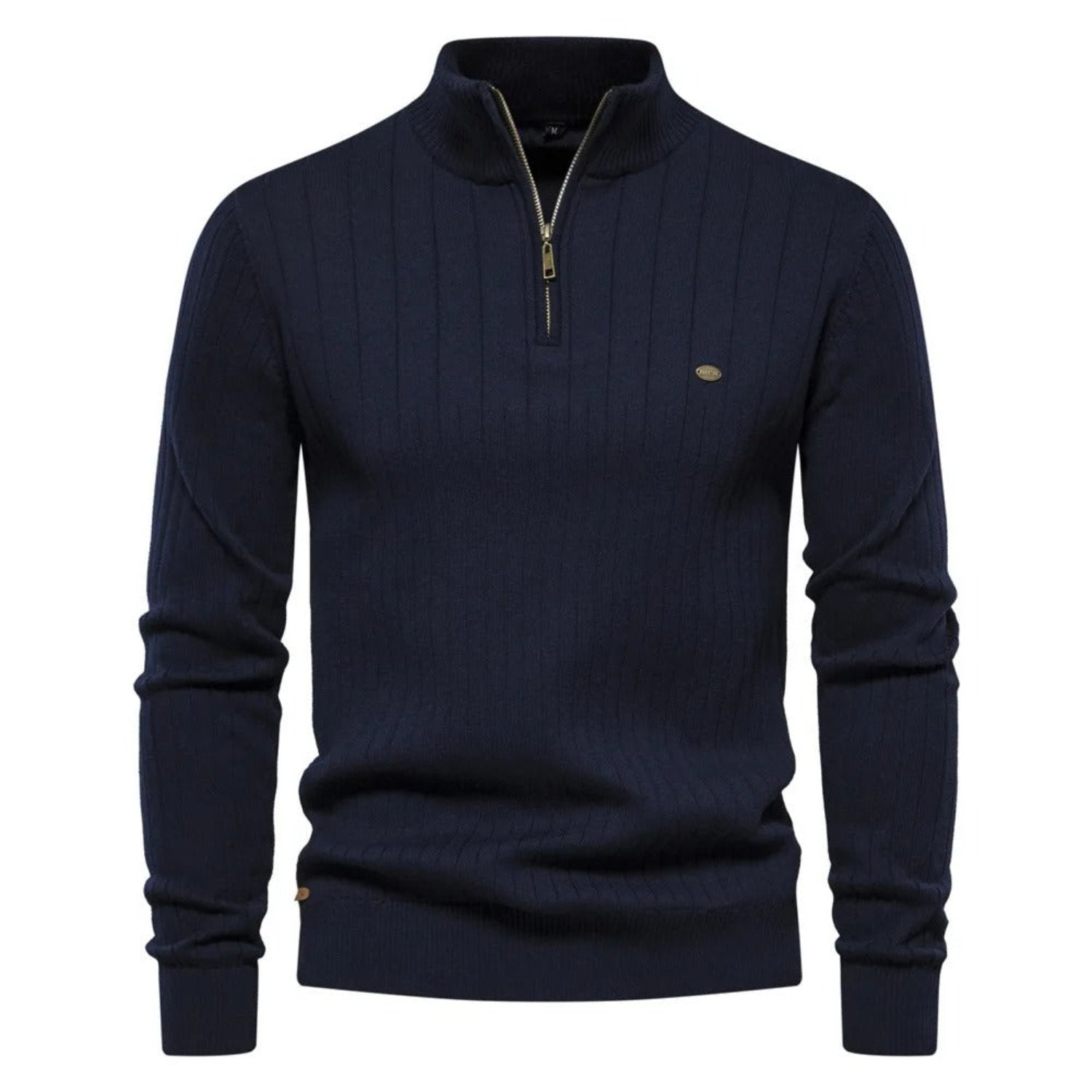 Maglione uomo blu scuro con zip, collo alto, design a coste, elegante e casual, perfetto per l'autunno e l'inverno, moda maschile.