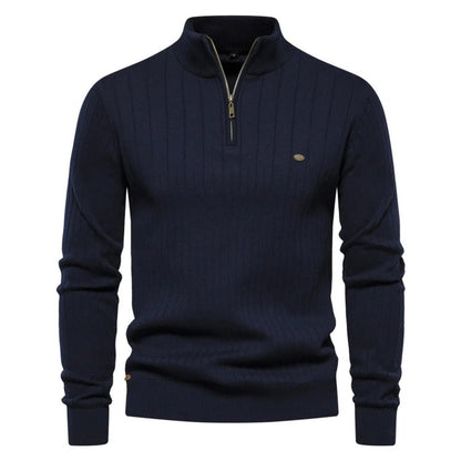 Maglione uomo blu scuro con zip, collo alto, design a coste, elegante e casual, perfetto per l'autunno e l'inverno, moda maschile.