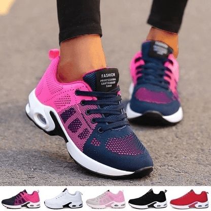 Scarpe da ginnastica unisex blu e rosa, design moderno, suola ammortizzata, ideali per corsa e sport. Disponibili in vari colori.