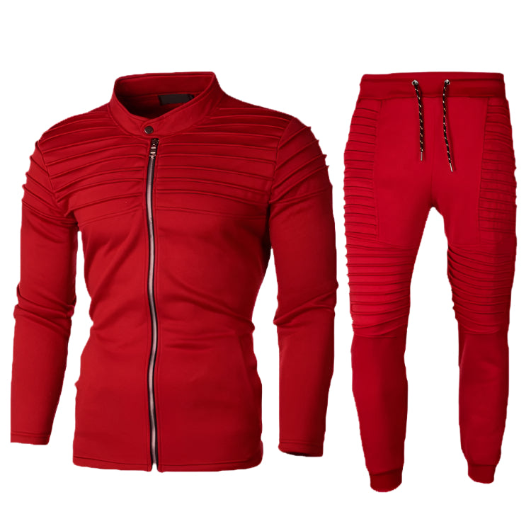Tuta sportiva rossa da uomo, giacca con zip e pantaloni con coulisse, design a coste, abbigliamento casual, moda fitness, stile moderno.