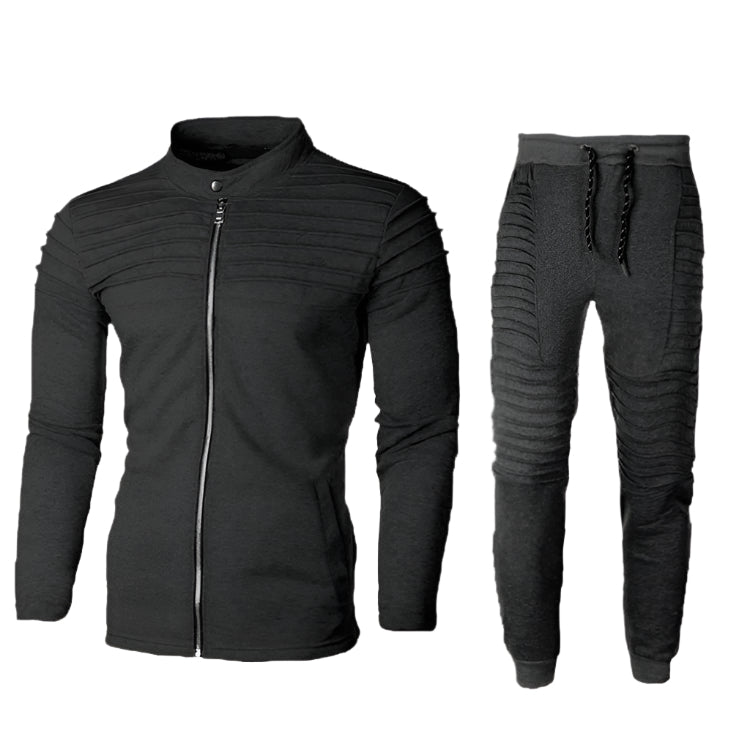 Tuta sportiva nera da uomo, giacca con zip e pantaloni con coulisse, design a coste. Abbigliamento casual e alla moda per fitness e tempo libero.