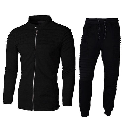 Tuta sportiva nera da uomo, giacca con zip e pantaloni con coulisse, design moderno e casual, ideale per attività sportive e tempo libero.