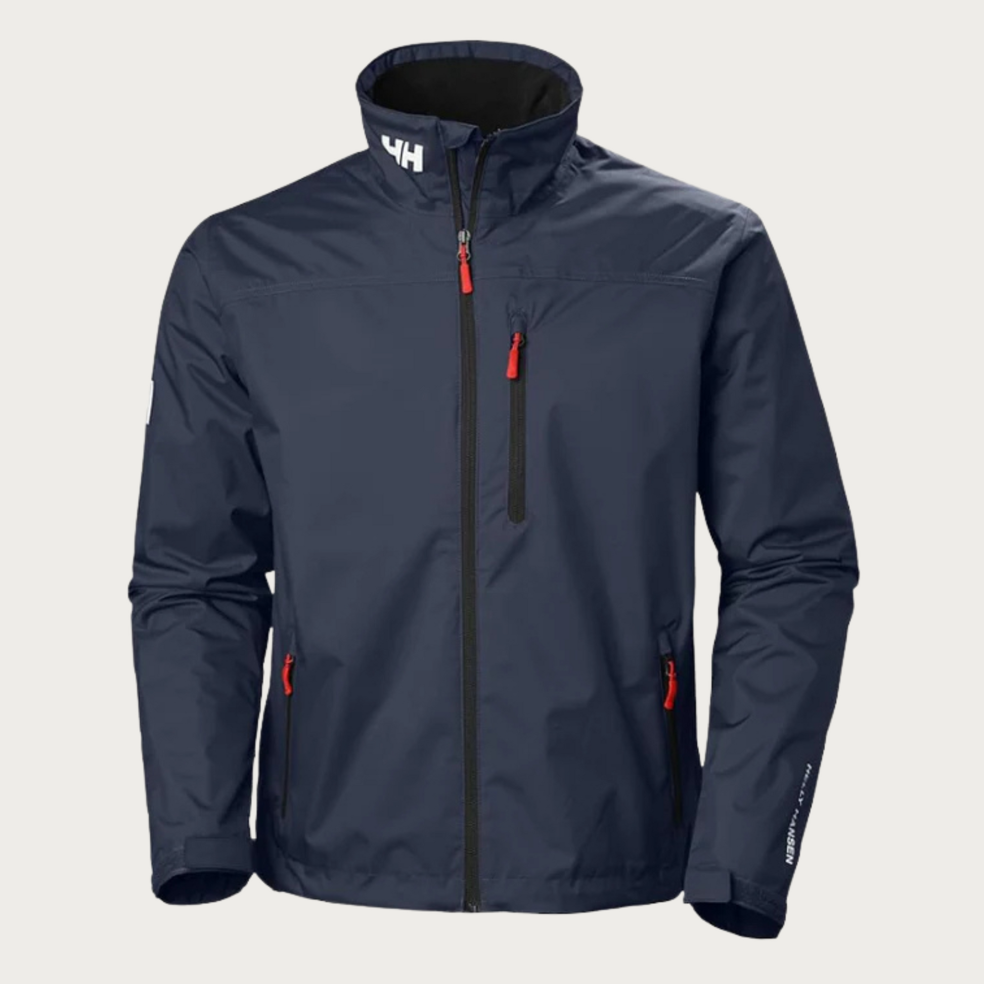 Giacca impermeabile blu scuro con zip rossa, colletto alto e logo bianco. Design sportivo, ideale per attività outdoor e tempo libero.