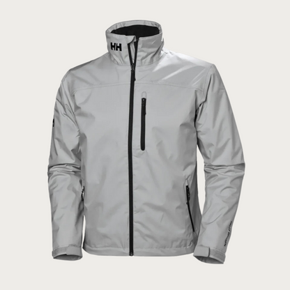Giacca impermeabile Helly Hansen bianca, con zip frontale nera e tasche laterali. Design sportivo, ideale per attività outdoor e tempo libero.