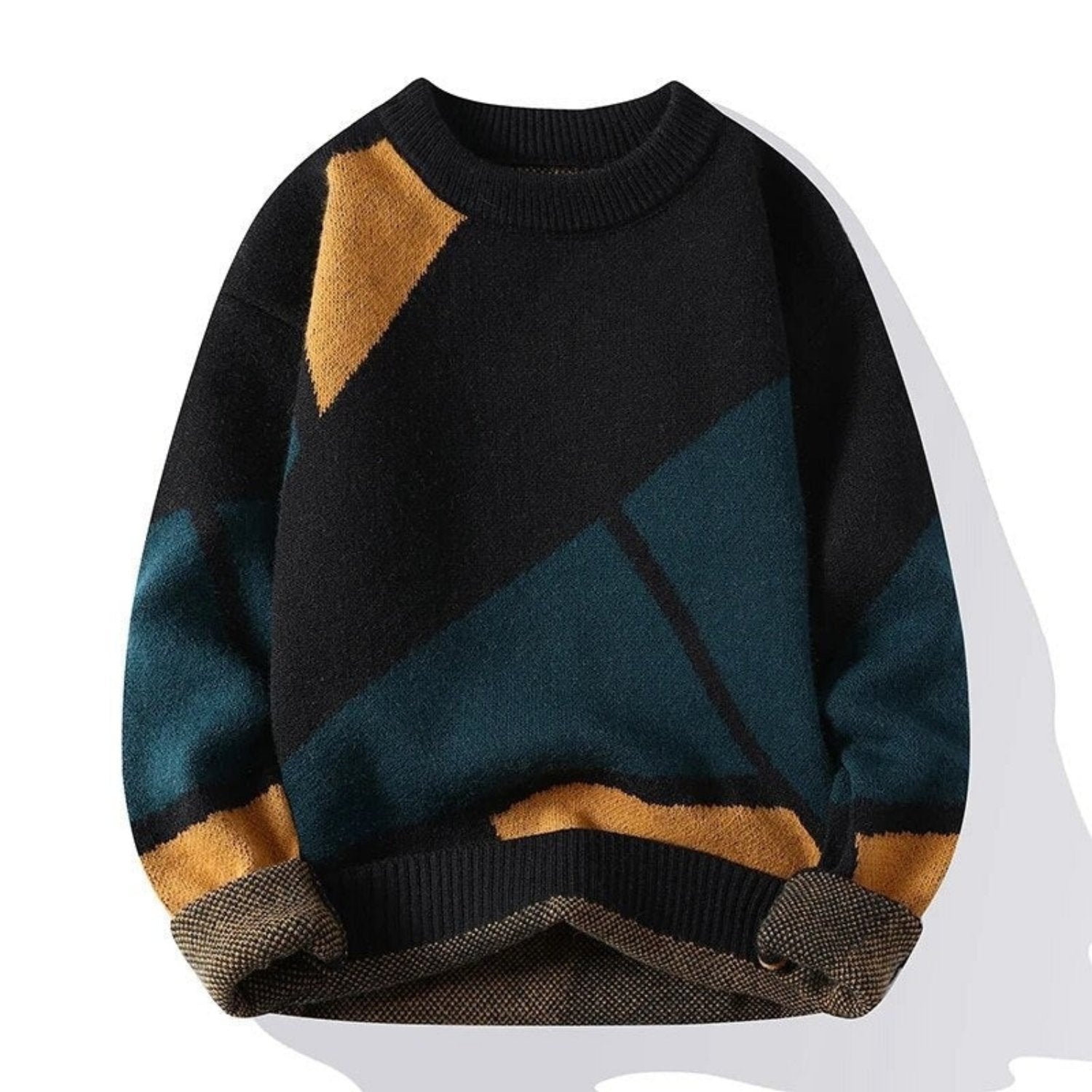 Maglione invernale uomo, design geometrico, colori nero, blu e arancione, maniche lunghe, stile casual, moda autunno-inverno, tessuto caldo.