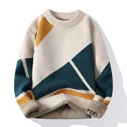 Maglione invernale uomo, design geometrico, colori beige, blu e arancione, stile casual, moda autunno-inverno, tessuto caldo e confortevole.