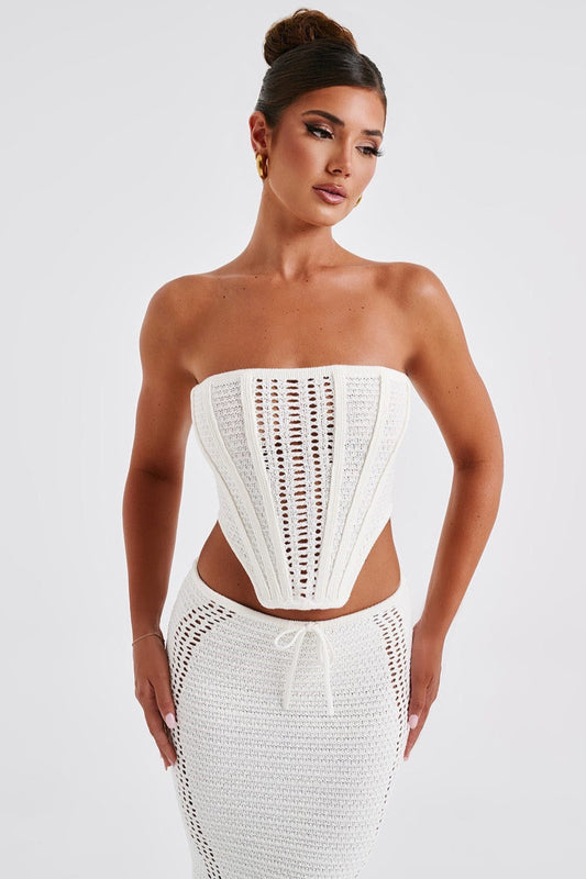 Completo Estivo da Donna in Maglia a Due Pezzi con Top a Fascia e Gonna Tubino Scollata