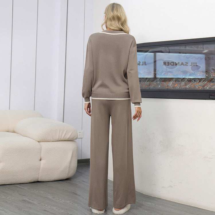 Completo Primaverile da Donna in Maglia a Due Pezzi con Top a Maniche Lunghe e Pantaloni a Gamba Larga