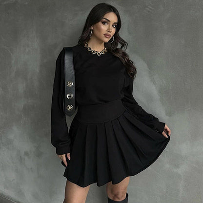Completo Autunnale da Donna con Maglione in Maglia e Gonna Plissettata a Maniche Lunghe in Microelastic