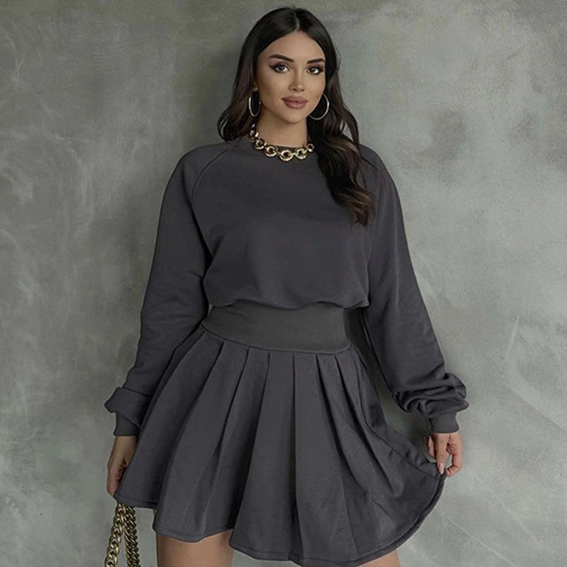 Completo Autunnale da Donna con Maglione in Maglia e Gonna Plissettata a Maniche Lunghe in Microelastic