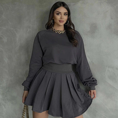 Completo Autunnale da Donna con Maglione in Maglia e Gonna Plissettata a Maniche Lunghe in Microelastic