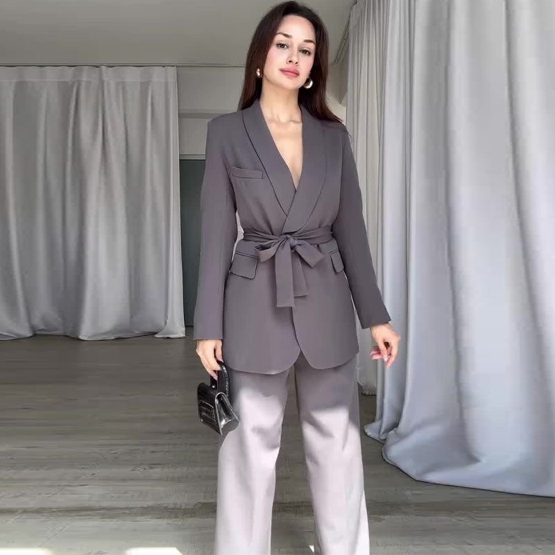 Completo Primaverile da Donna a Vita Alta con Pantaloni a Gamba Larga Blazer a Maniche Lunghe e Cintura in Vita