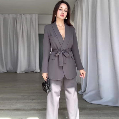 Completo Primaverile da Donna a Vita Alta con Pantaloni a Gamba Larga Blazer a Maniche Lunghe e Cintura in Vita