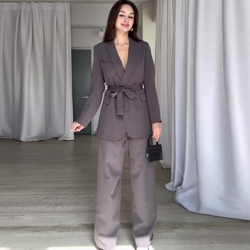 Completo Primaverile da Donna a Vita Alta con Pantaloni a Gamba Larga Blazer a Maniche Lunghe e Cintura in Vita