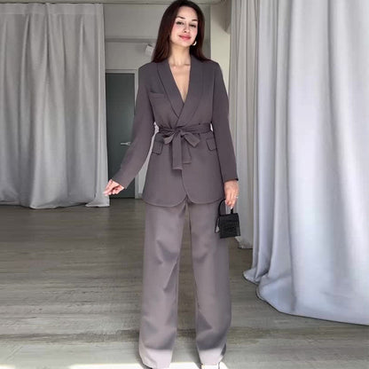 Completo Primaverile da Donna a Vita Alta con Pantaloni a Gamba Larga Blazer a Maniche Lunghe e Cintura in Vita