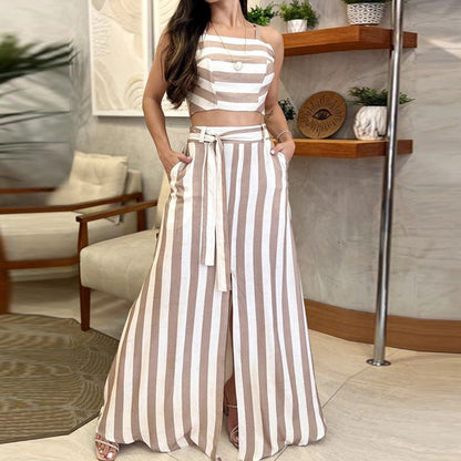 Completo Primaverile da Donna Senza Maniche con Top e Gonna Lunga con Vita Allacciata e Stampa a Righe