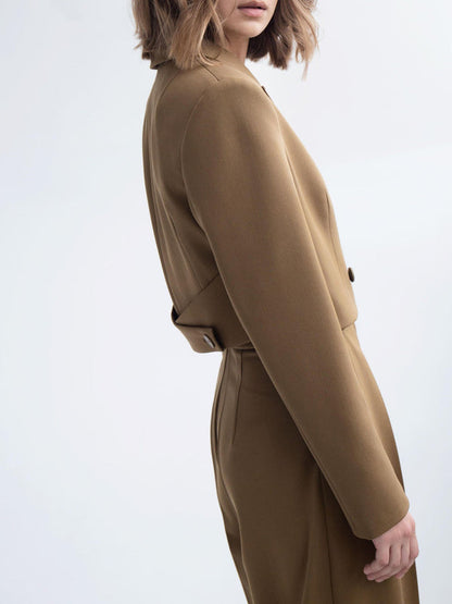 Donna in abito marrone elegante, taglio sartoriale, sfondo bianco. Moda femminile, stile minimalista, abbigliamento autunnale, tendenze 2023.