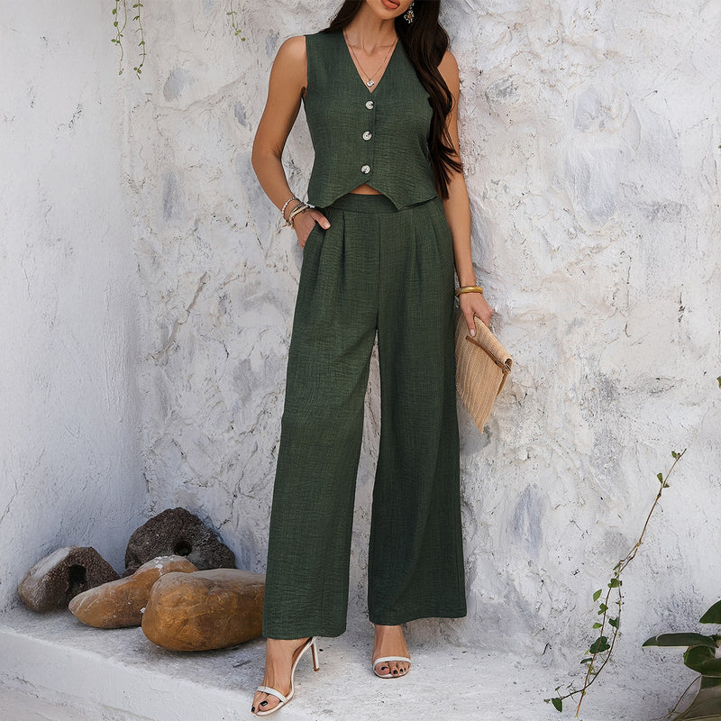 Completo Primaverile da Donna con Gilet e Pantaloni a Gamba Larga con Dettaglio Bottoni