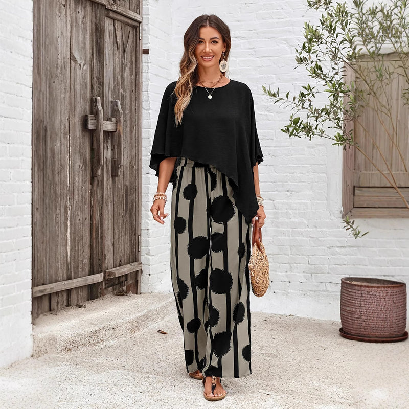 Completo Estivo da Donna con Pantaloni e Top a Mezza Manica con Motivo Astratto