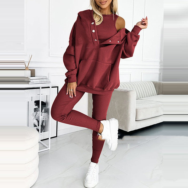 Completo da Donna in 3 Pezzi con Felpa con Cappuccio, Gilet Senza Maniche e Pantaloni Slim Fit