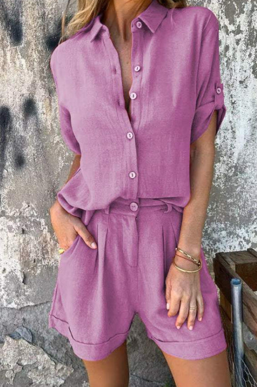 Completo da Donna a Due Pezzi Primavera Estate in Cotone-Lino con Camicia a Mezza Manica e Pantaloncini con Tasche