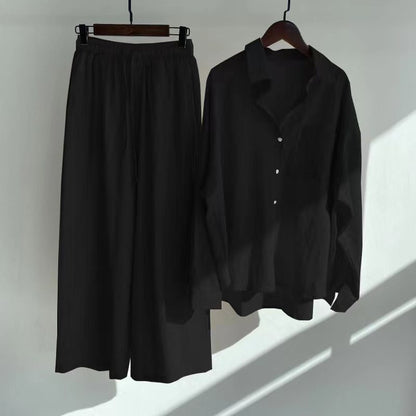 Completo da Donna a Due Pezzi in Cotone-Lino con Camicia e Pantaloni Capri a Vita Alta con Tasche