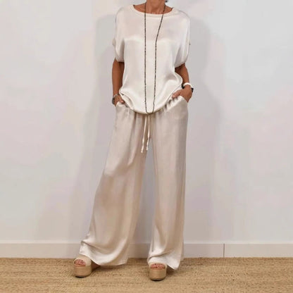 Completo da Donna a Due Pezzi con Camicia a Maniche Lunghe Ampie e Pantaloni a Gamba Larga