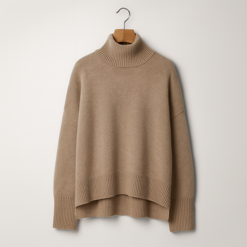 Maglione beige a collo alto in lana, appeso su gruccia di legno. Design oversize, maniche lunghe, ideale per moda autunno inverno.