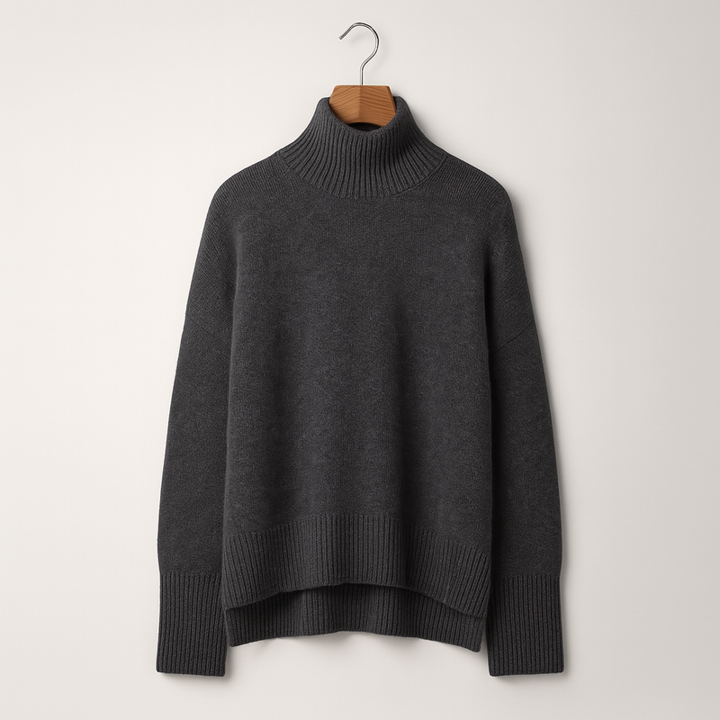 Maglione dolcevita grigio scuro in lana, appeso su gruccia di legno. Design elegante e caldo, ideale per moda autunno inverno.
