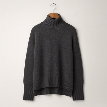 Maglione dolcevita grigio scuro in lana, appeso su gruccia di legno. Design elegante e caldo, ideale per moda autunno inverno.