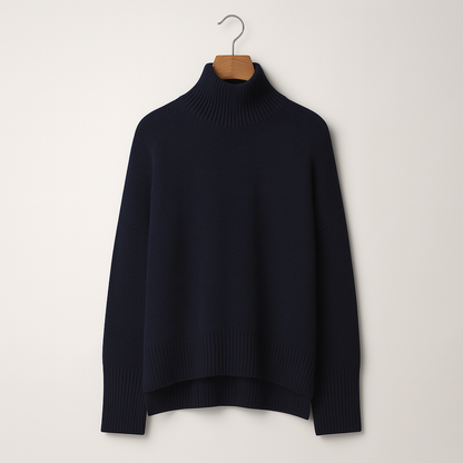 Maglione dolcevita blu scuro in lana, appeso su gruccia di legno. Design elegante e caldo, ideale per moda autunno inverno.