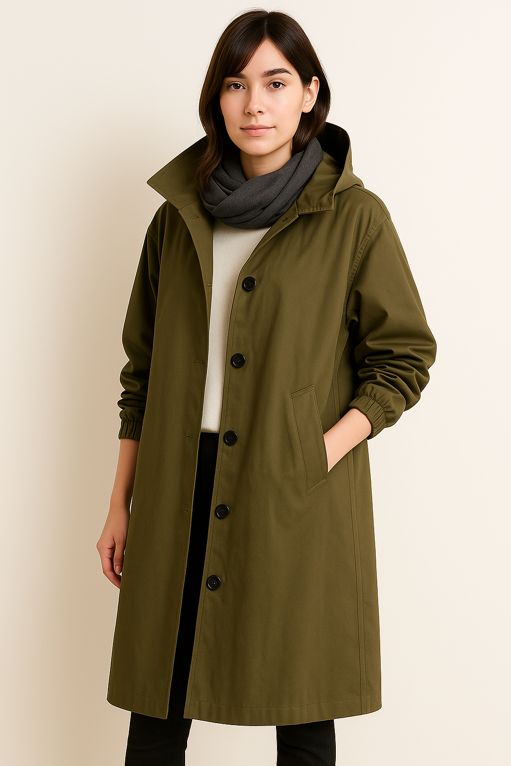 Giovane donna con cappotto verde oliva, sciarpa grigia e maglia bianca. Moda autunnale, abbigliamento casual elegante, stile contemporaneo.